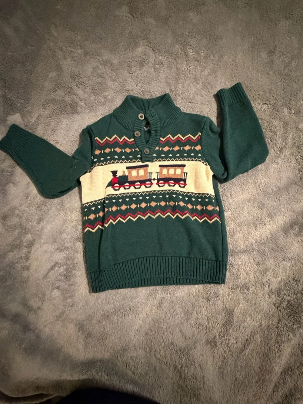 The Children's Place Green Fair Isle Train Sweater - Green, Cream, Red